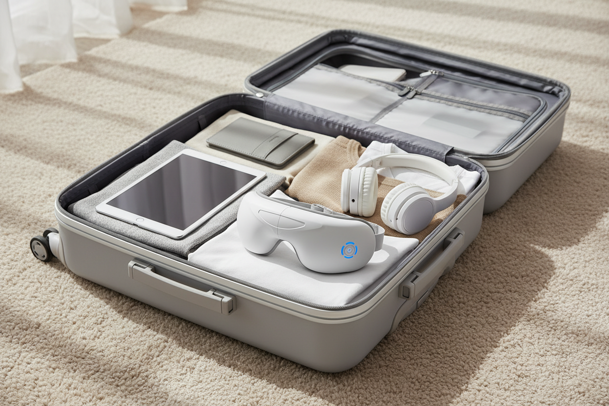 Minimal flat lay of open suitcase with travel essentials and eye massager